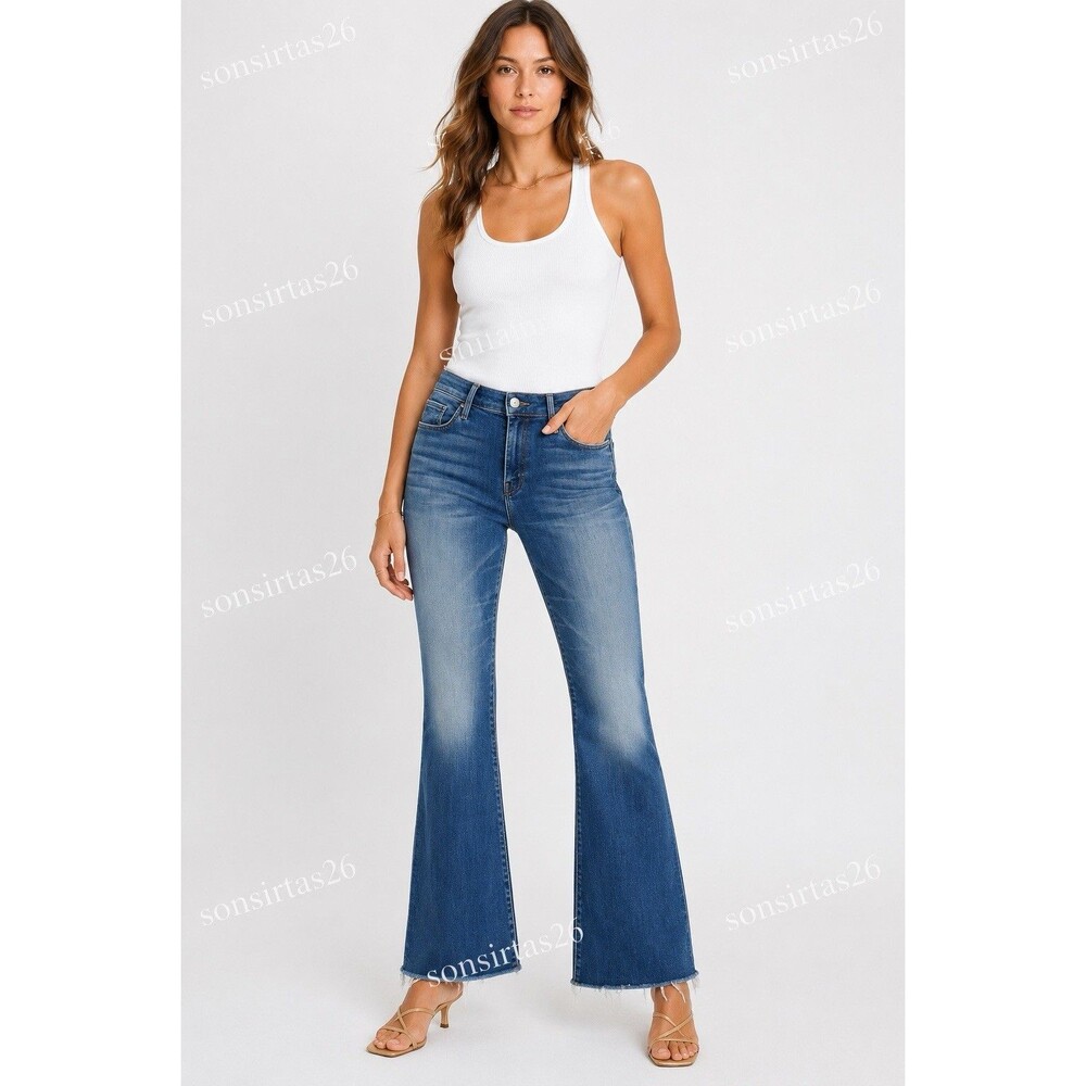 Mother Jeans Sz 29 The Weekender Fray Blue Flare Raw Hem Wash Road To Paradise